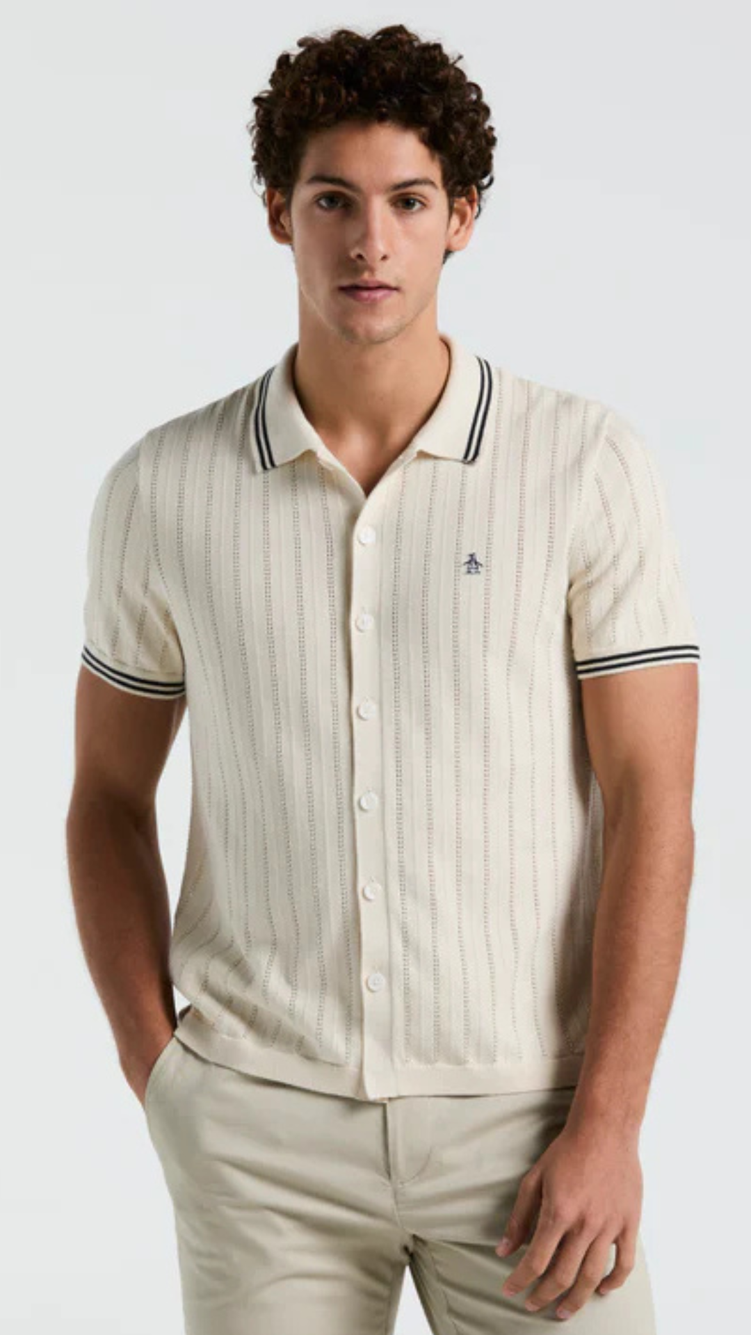 S/S DROP NEEDLE BUTTON FRONT SWEATER POLO