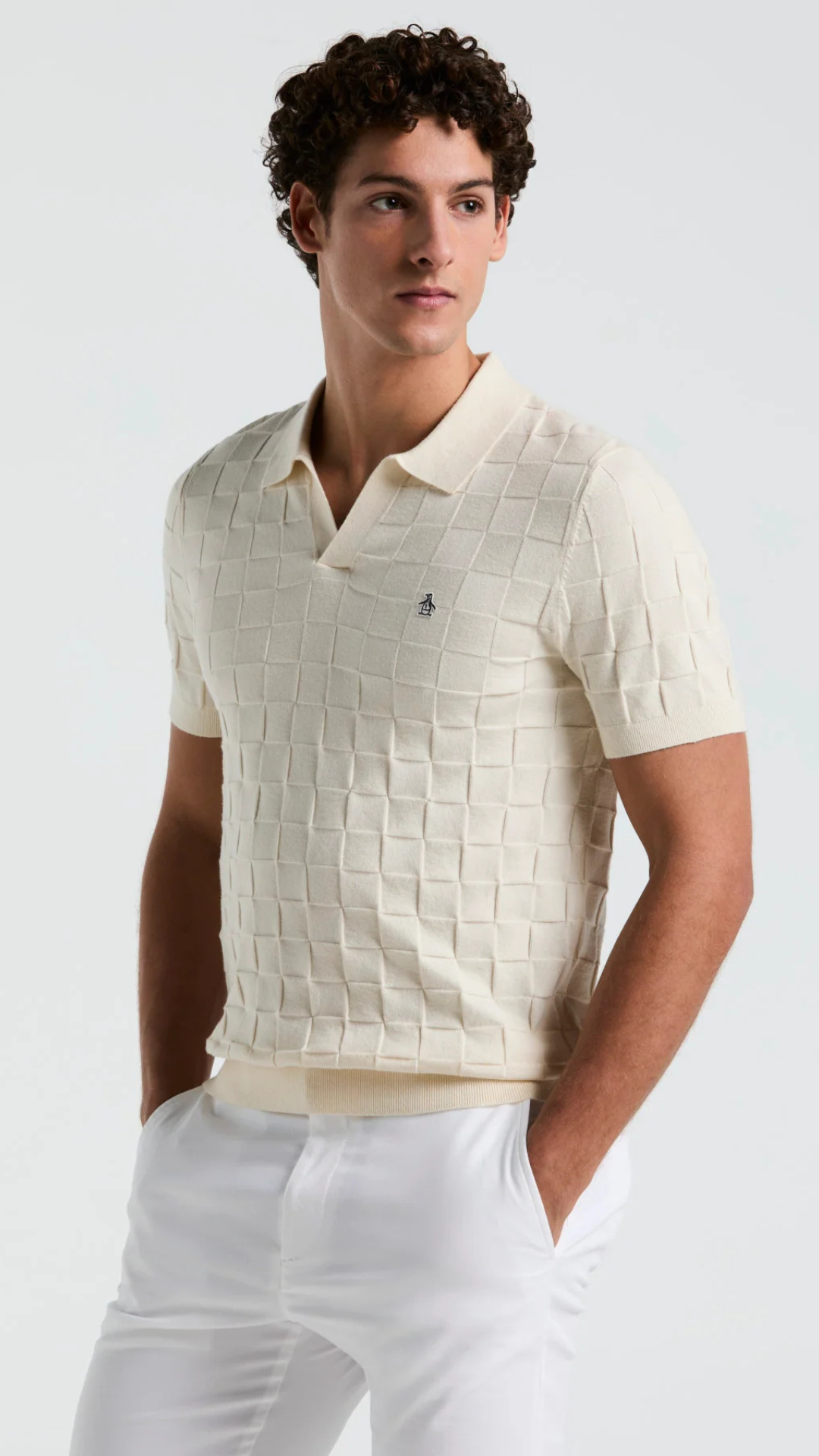 S/S TONAL JACQUARD JOHNNY COLLAR SWEATER