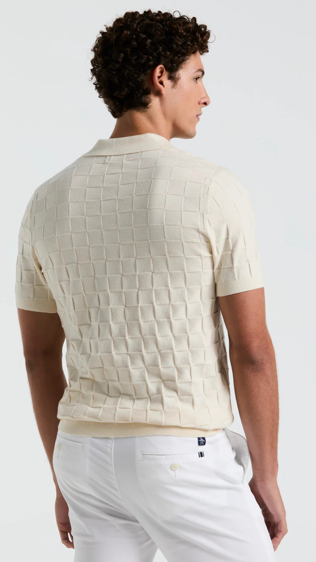 S/S TONAL JACQUARD JOHNNY COLLAR SWEATER
